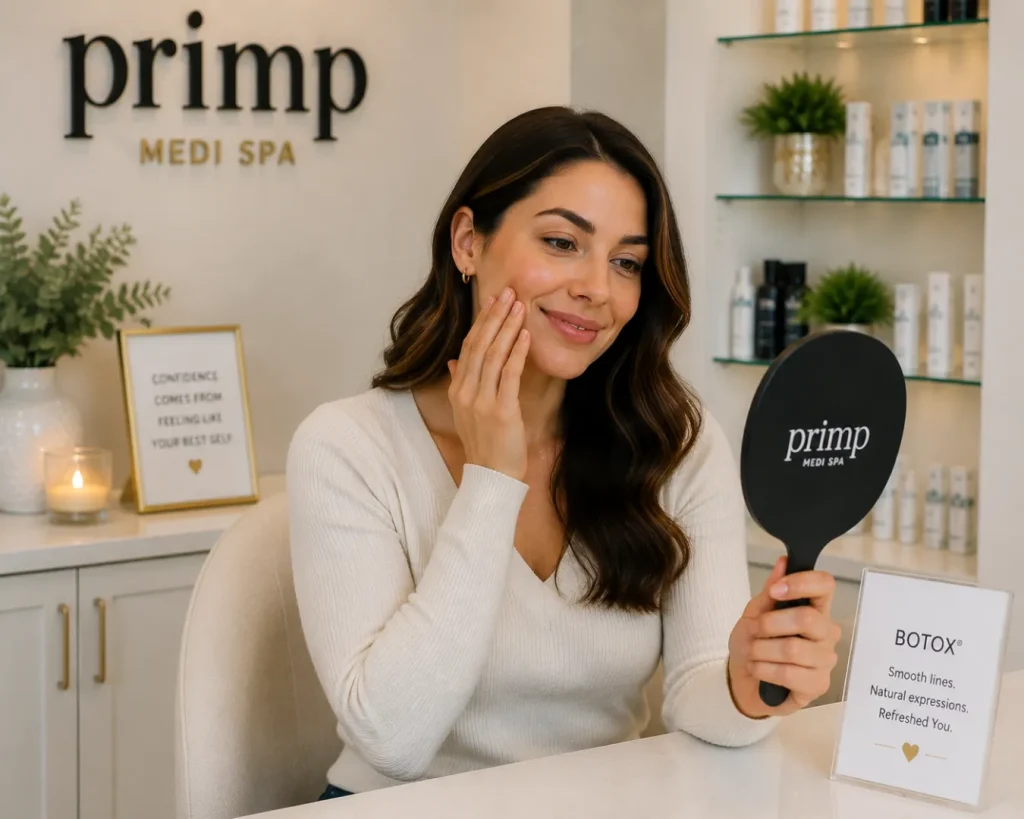Woman in a med spa setting exploring natural Botox results.